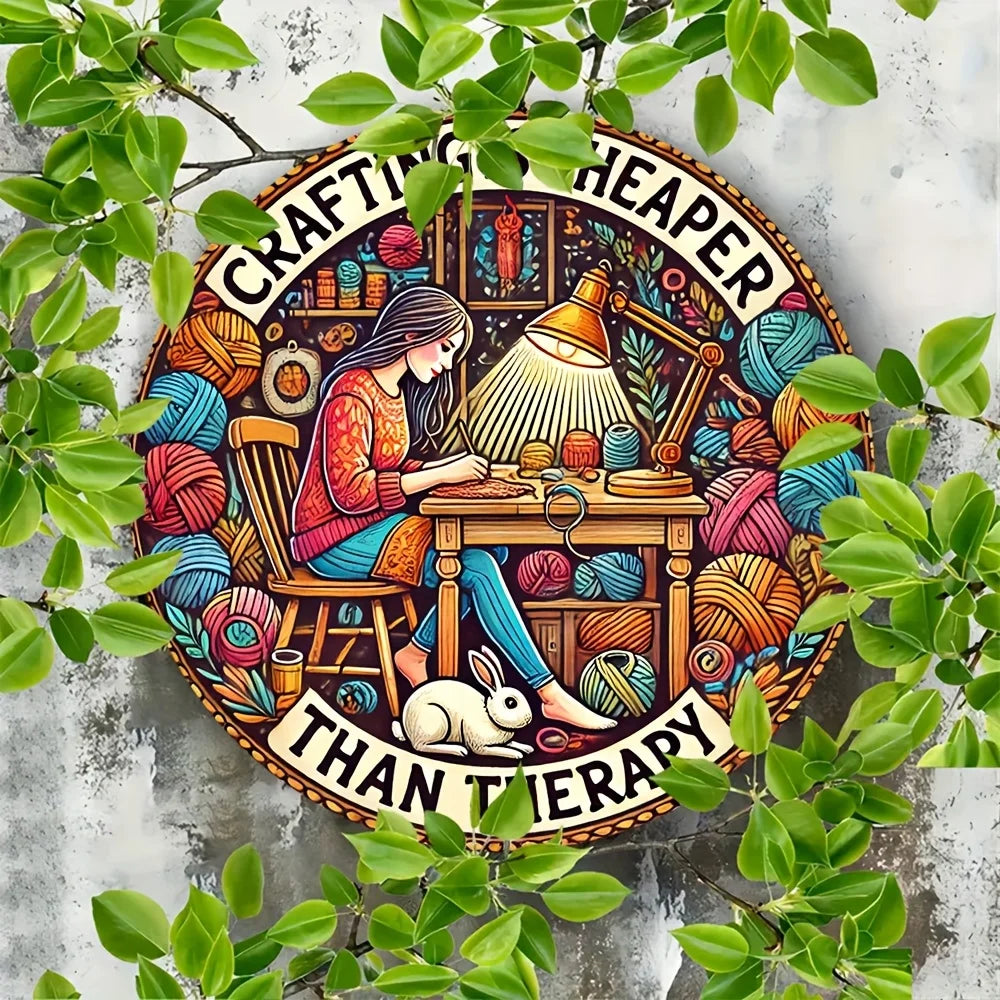"Crafting is Cheaper Than Therapy Round Aluminum Sign - Inspirational Wall Art for Home, Cafe, Bar, Farmhouse Decor"