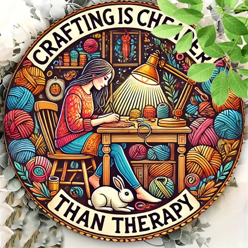 "Crafting is Cheaper Than Therapy Round Aluminum Sign - Inspirational Wall Art for Home, Cafe, Bar, Farmhouse Decor"