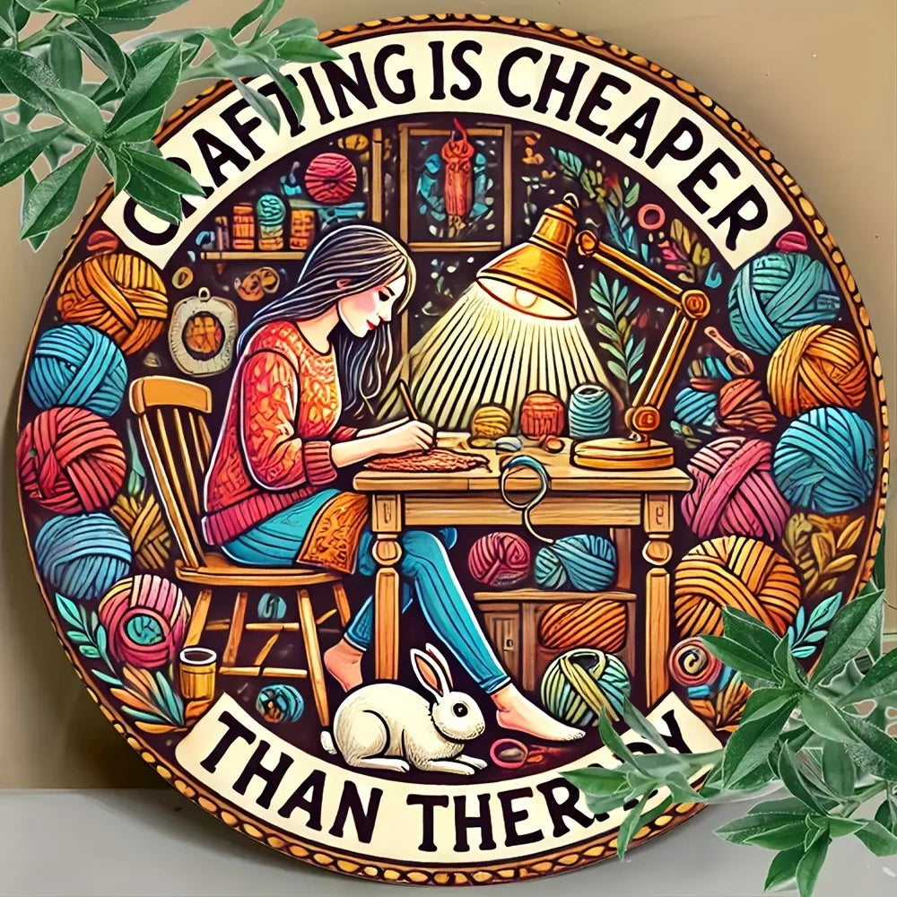 "Crafting is Cheaper Than Therapy Round Aluminum Sign - Inspirational Wall Art for Home, Cafe, Bar, Farmhouse Decor"