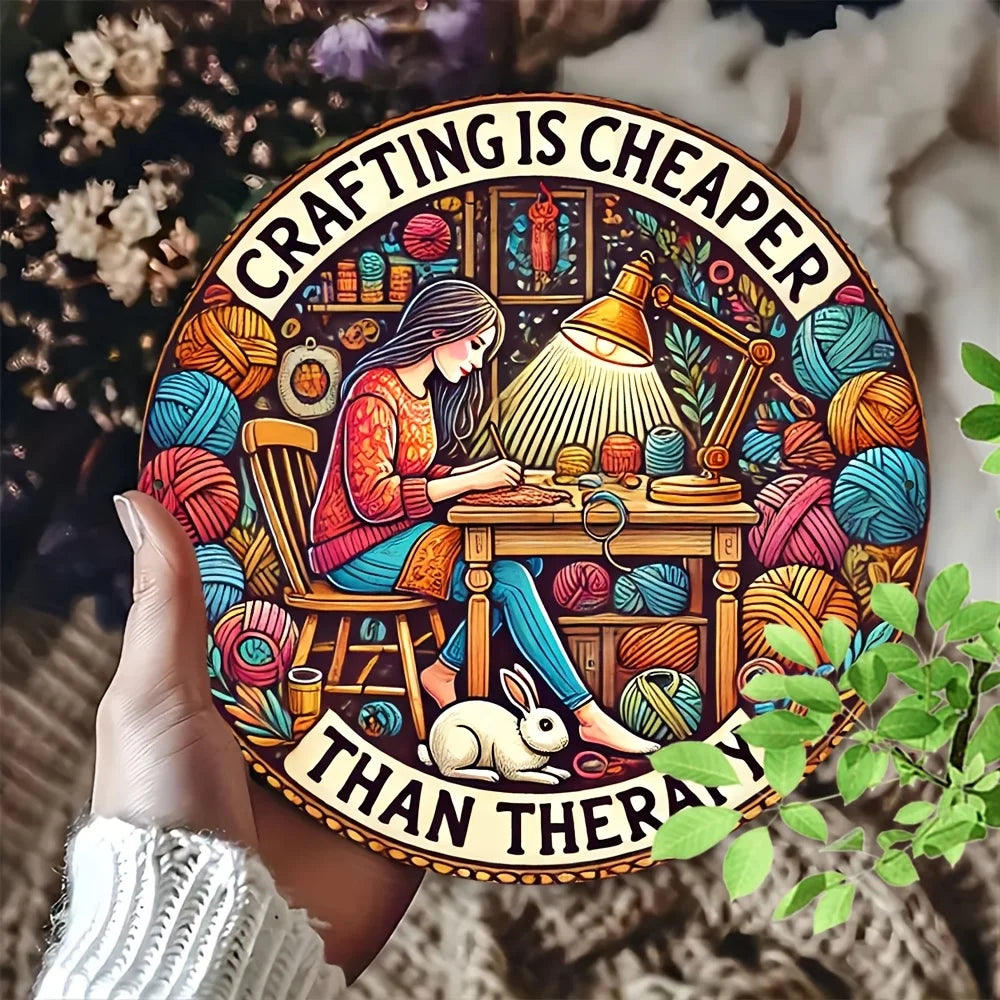 "Crafting is Cheaper Than Therapy Round Aluminum Sign - Inspirational Wall Art for Home, Cafe, Bar, Farmhouse Decor"