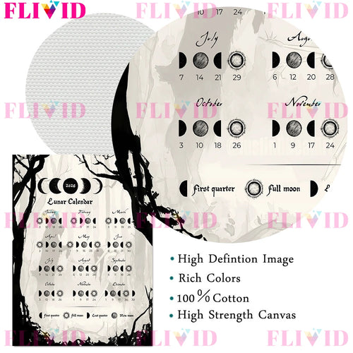 2026 Moon Phases Witchy Calendar Vintage Wall Art Canvas Painting,Witchy & Vampire Gothic Lunar Calendar Art Poster Print Decor